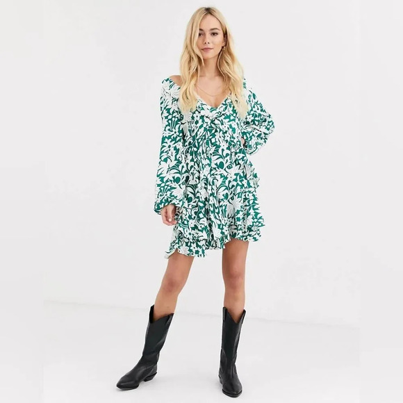FREE PEOPLE NWOT Rebecca Floral Ruffle Dress in Emerald - Picture 2 of 12
